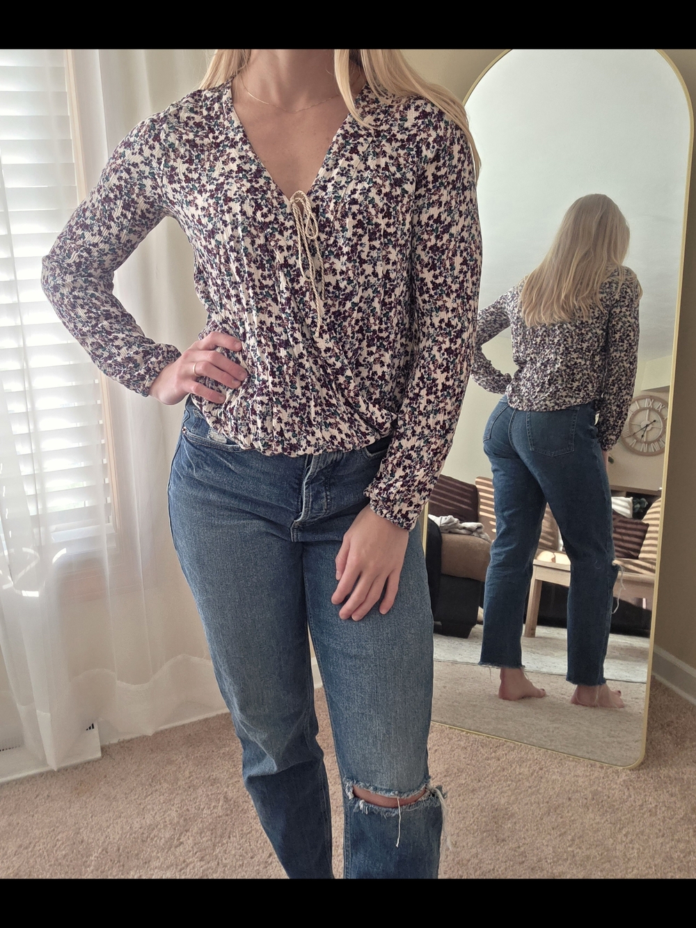 Floral Tie-Front Long Sleeve Women's Top - Picture 2 of 7